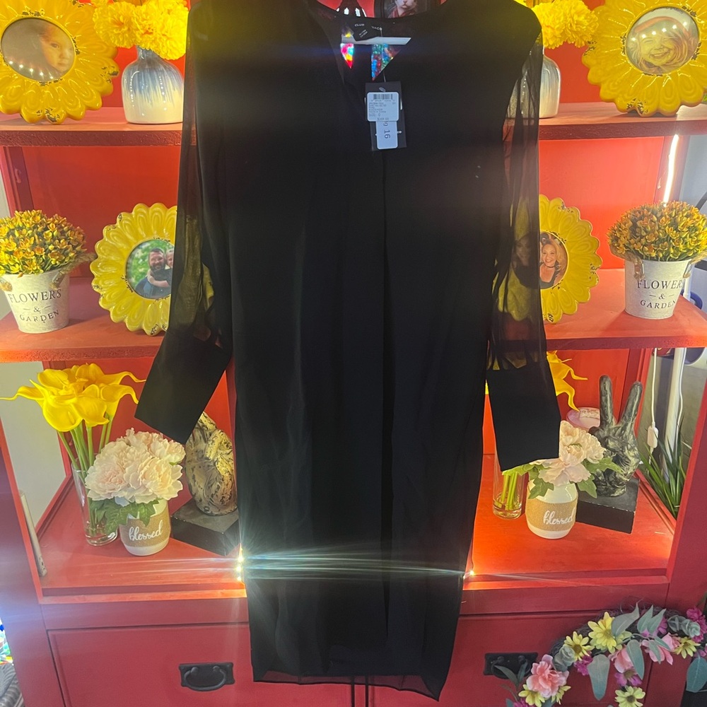Club Monaco - Black Long-Sleeve Sheer-Sleeve Shift Dress
